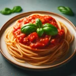Spaghetti al pomodoro con foglie di basilico in cima.