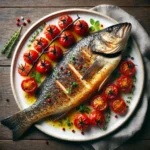 Foto di un branzino guarnito con pomodorini e soffritto di verdure