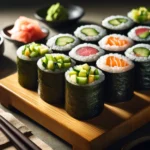 Hosomaki vari su tagliere con vari condimenti al loro interno
