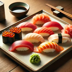 Nigiri di vari tipi adagiati su un piatto. Salsa di soia e bacchette sullo sfondo.