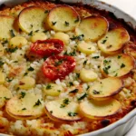Riso Patate e Cozze detto anche Tiella Barese. Fotografia della pietanza.